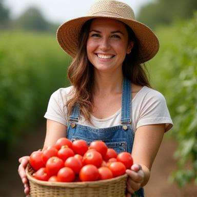 Ritratto della produttrice Elena Bianchi con un cesto di pomodori